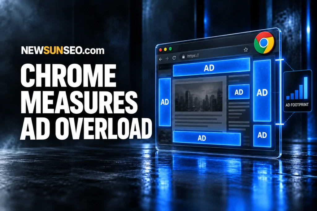 Google Chrome interface measuring ad-heavy websites with ad footprint metrics