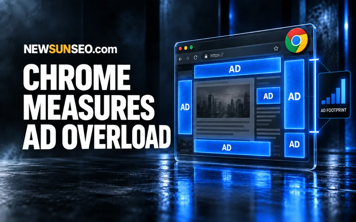 Google Chrome interface measuring ad-heavy websites with ad footprint metrics