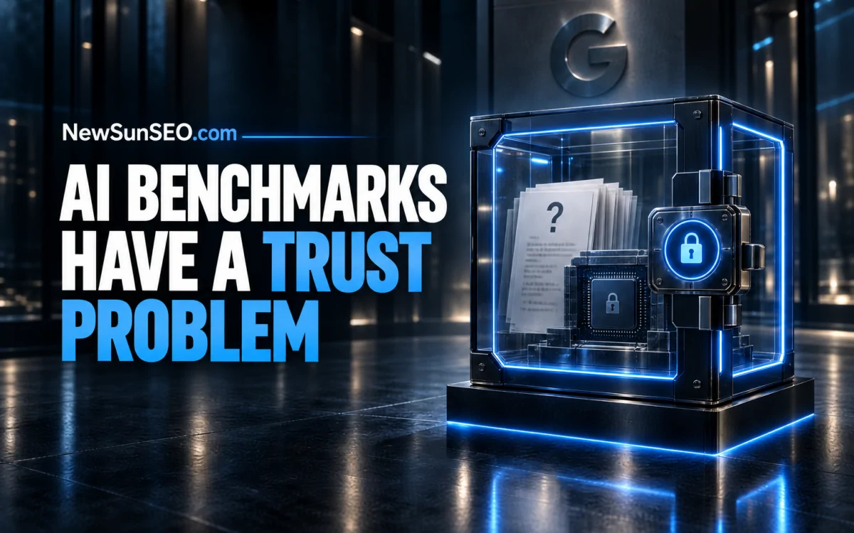 Locked glass case holding AI benchmarks test papers under a Google logo