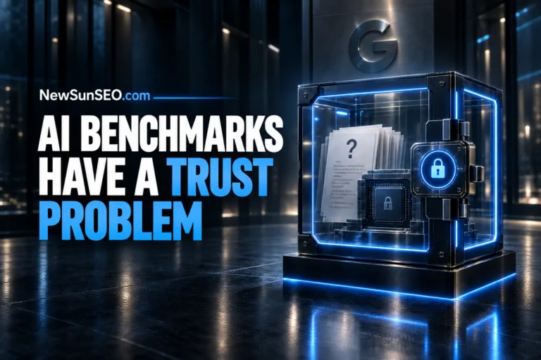 Locked glass case holding AI benchmarks test papers under a Google logo