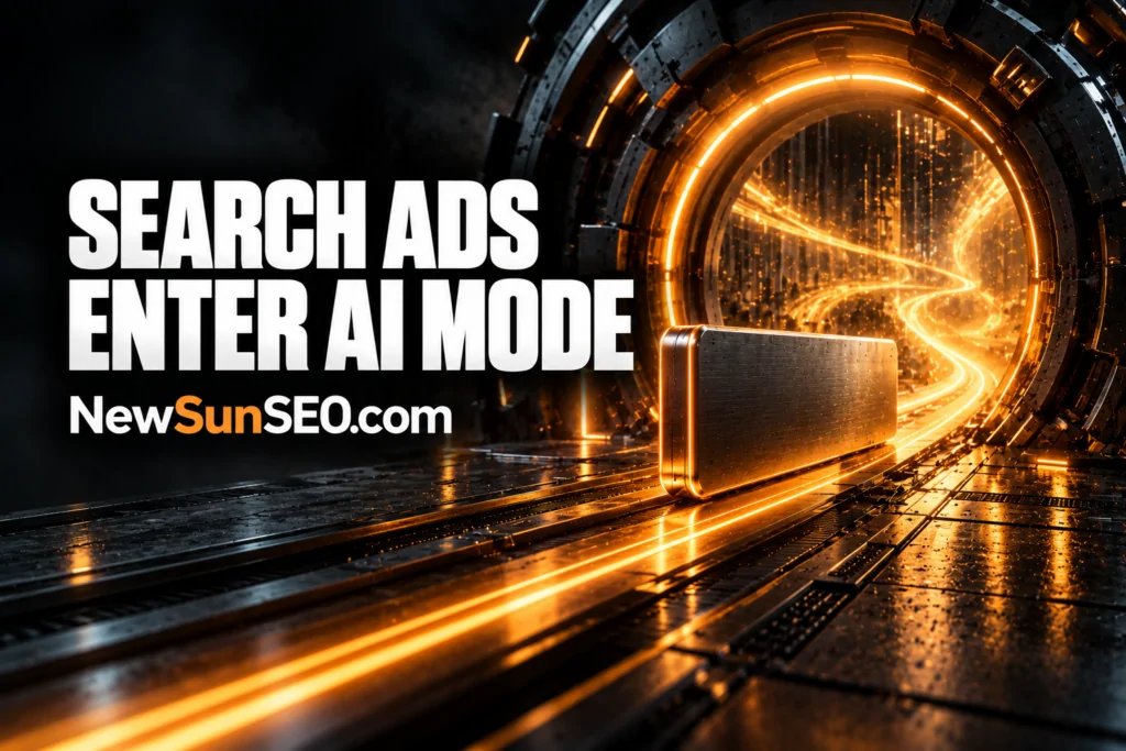 Glowing portal symbolizing AI Mode ads entering a futuristic tunnel