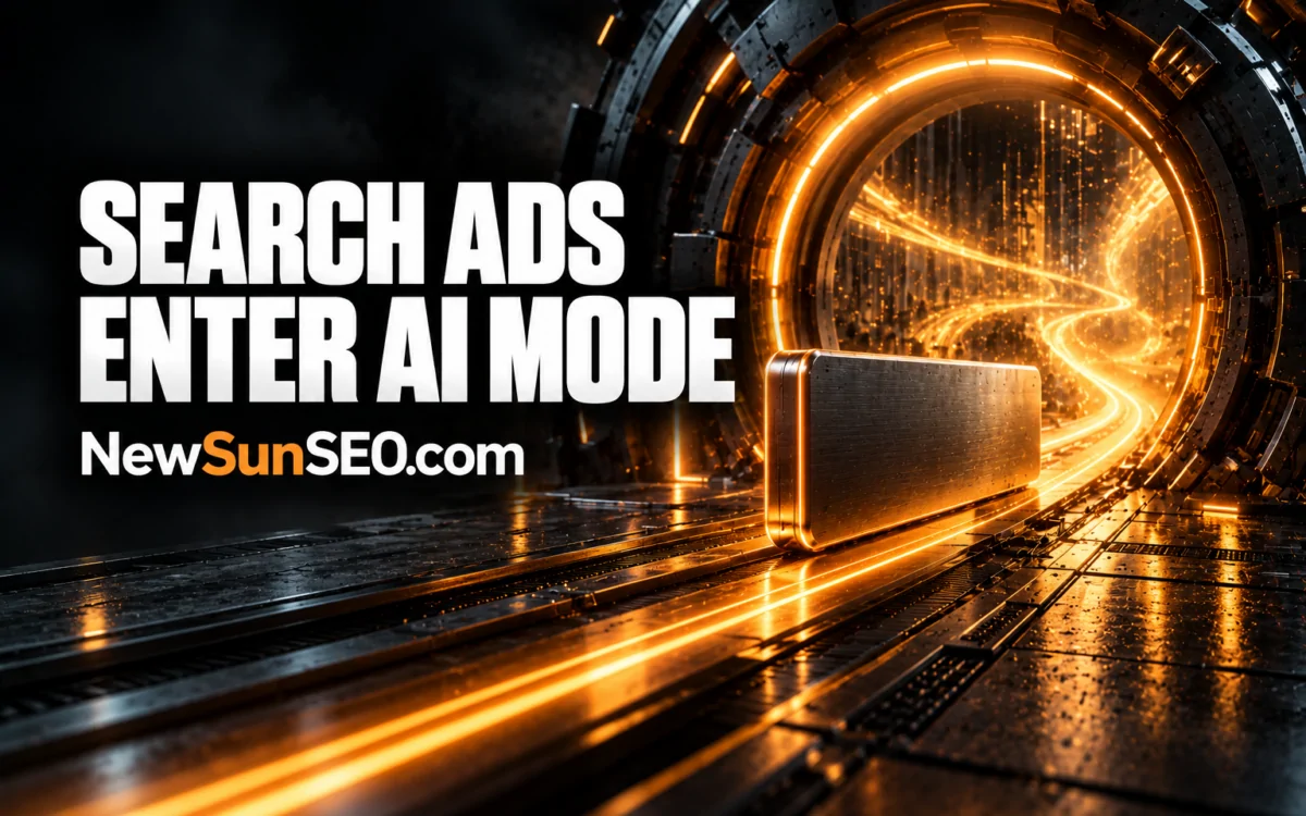 Glowing portal symbolizing AI Mode ads entering a futuristic tunnel