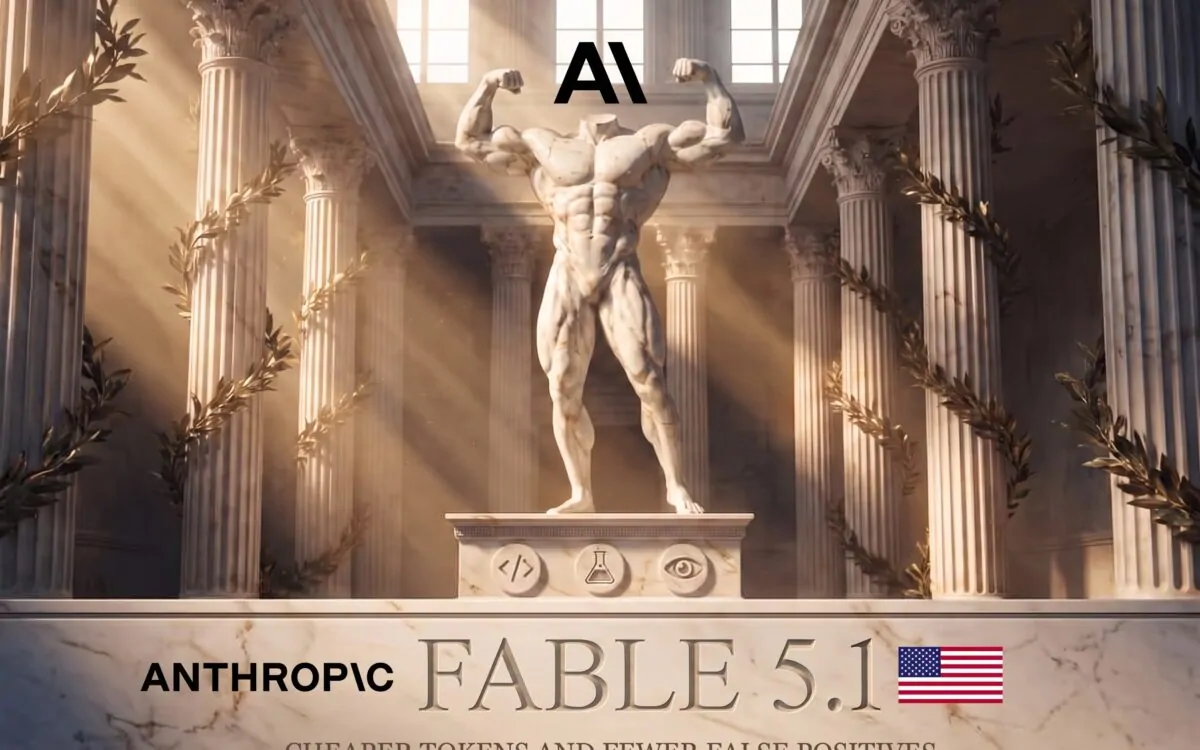Anthropic releases Fable 5.1, shown as a marble statue in a laurel-lined hall under the Anthropic logo with the FABLE 5.1 engraving