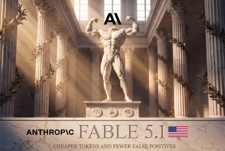 Anthropic releases Fable 5.1, shown as a marble statue in a laurel-lined hall under the Anthropic logo with the FABLE 5.1 engraving