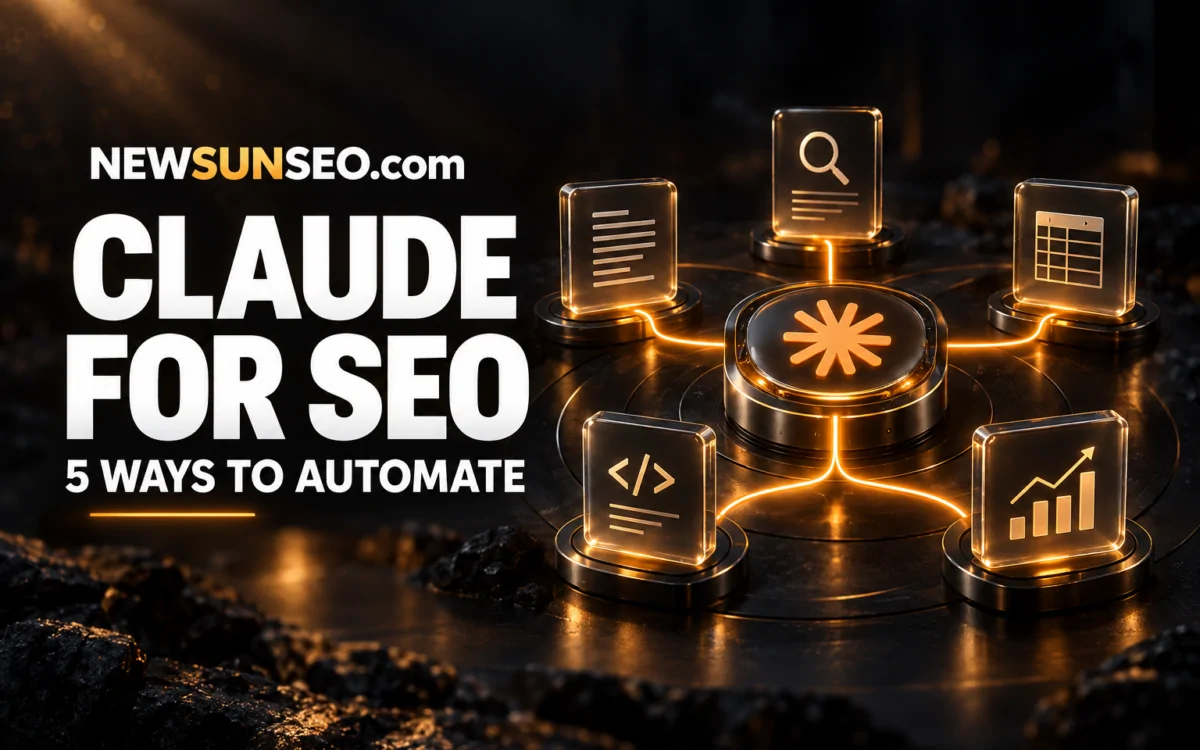 Glowing icons for Claude for SEO tasks connected to a central hub