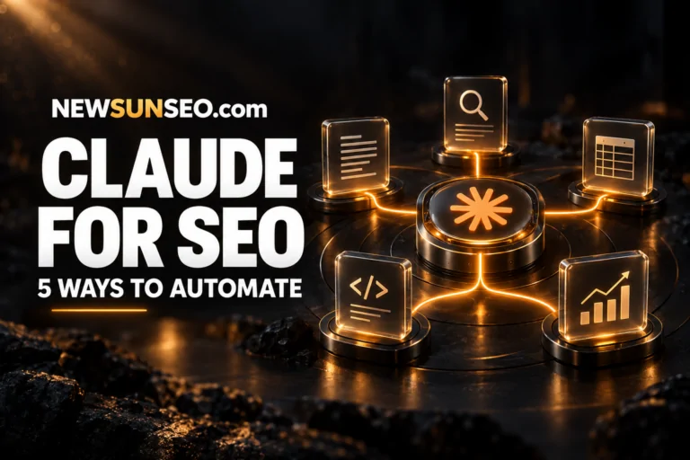Glowing icons for Claude for SEO tasks connected to a central hub