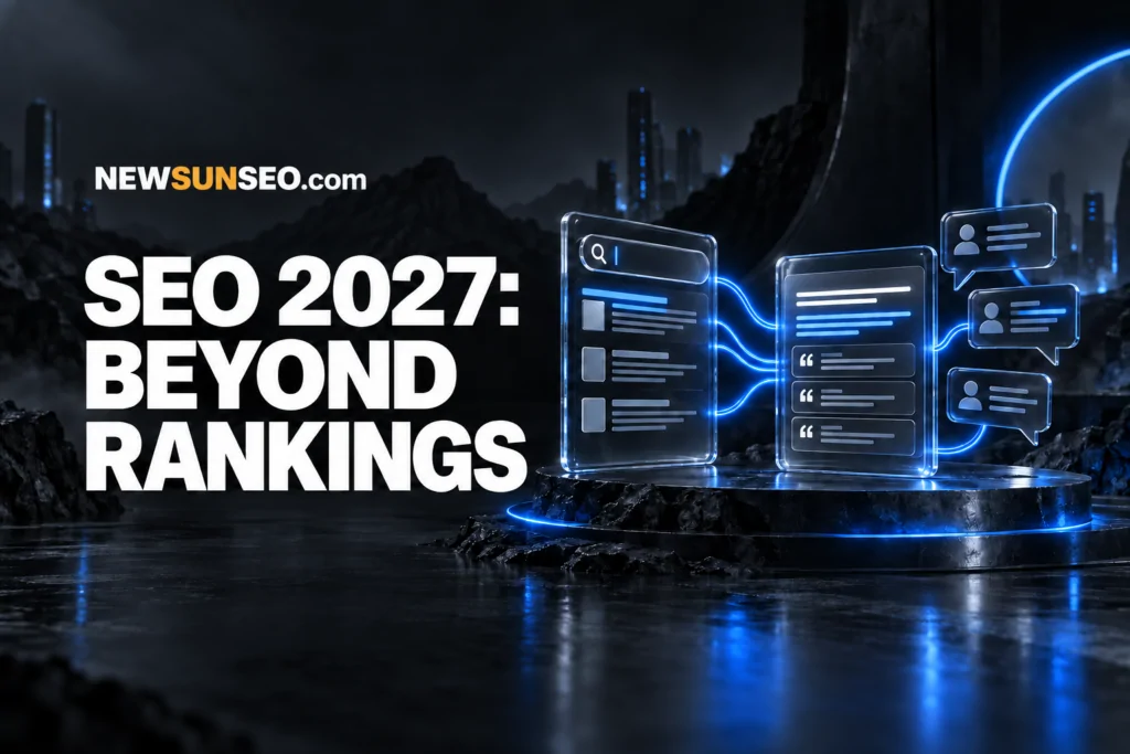 Evolving SEO visualized through glowing search panels linked by blue light