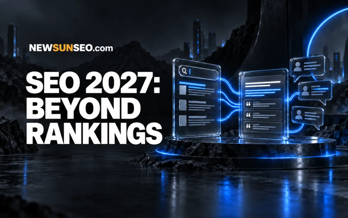 Evolving SEO visualized through glowing search panels linked by blue light
