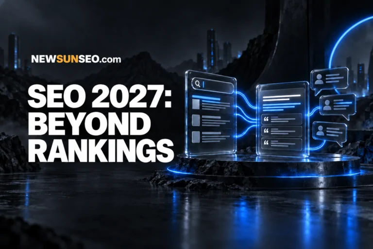 Evolving SEO visualized through glowing search panels linked by blue light