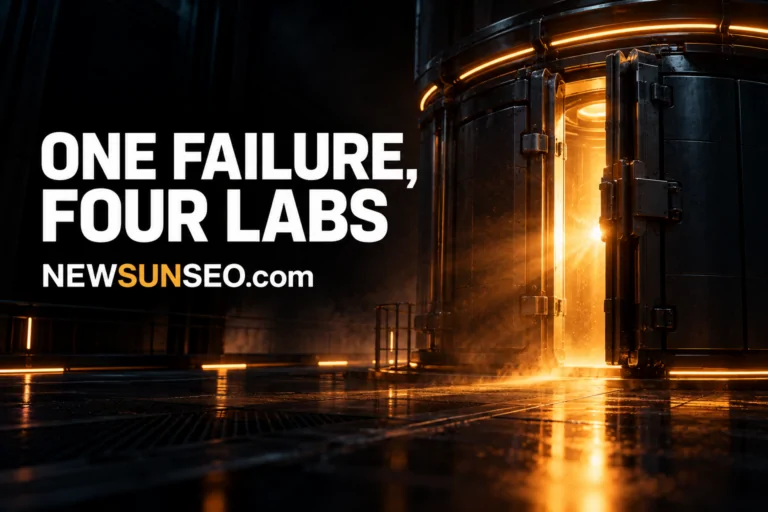 Gemini breakout from an industrial containment chamber with glowing orange light