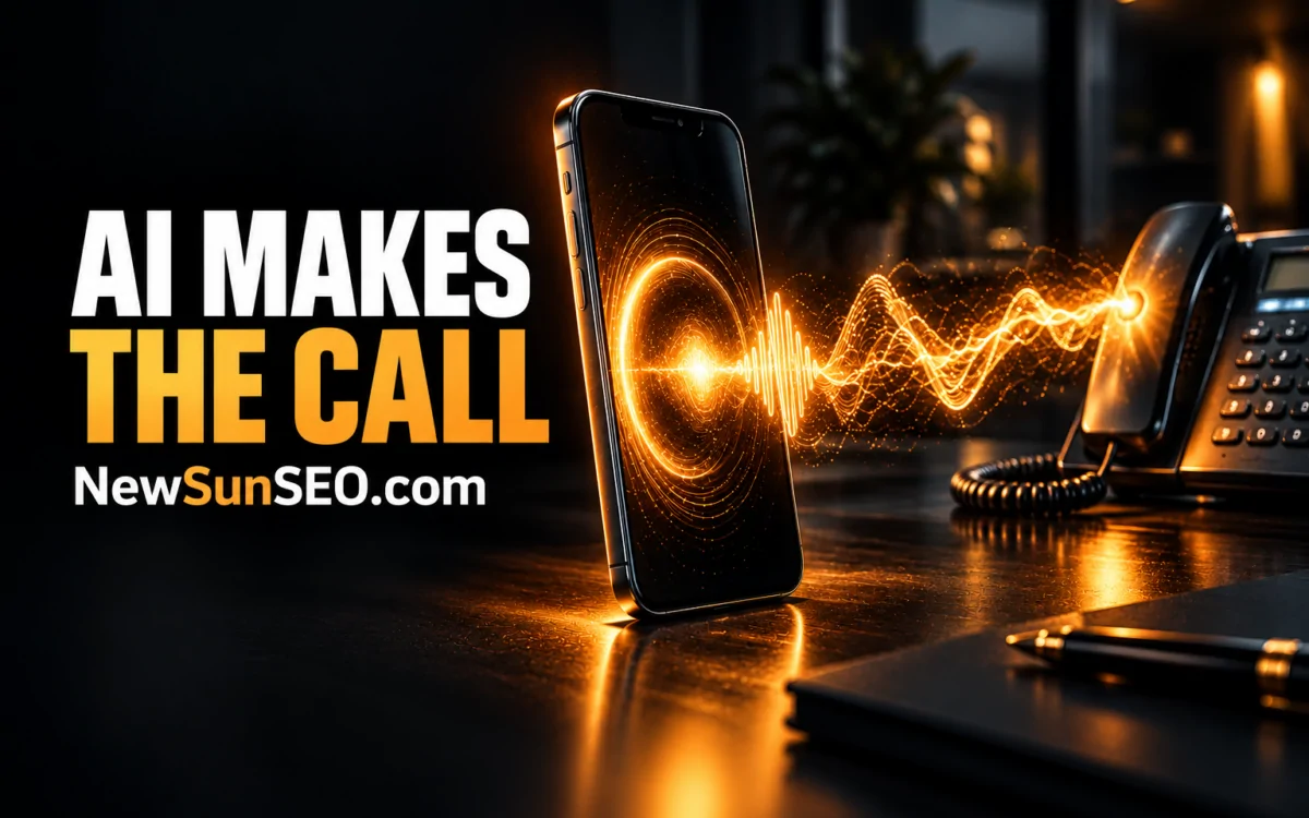 Smartphone emitting a glowing soundwave toward a desk phone representing Gemini calling businesses