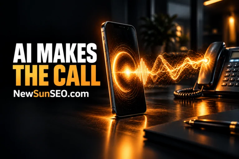 Smartphone emitting a glowing soundwave toward a desk phone representing Gemini calling businesses