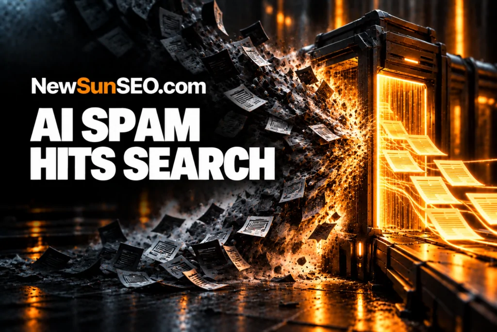 Gemini notebook spam pages bursting from a glowing search portal