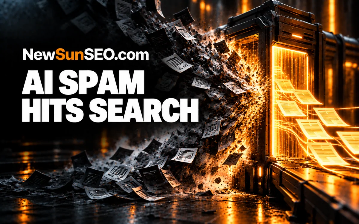 Gemini notebook spam pages bursting from a glowing search portal