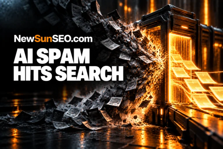 Gemini notebook spam pages bursting from a glowing search portal