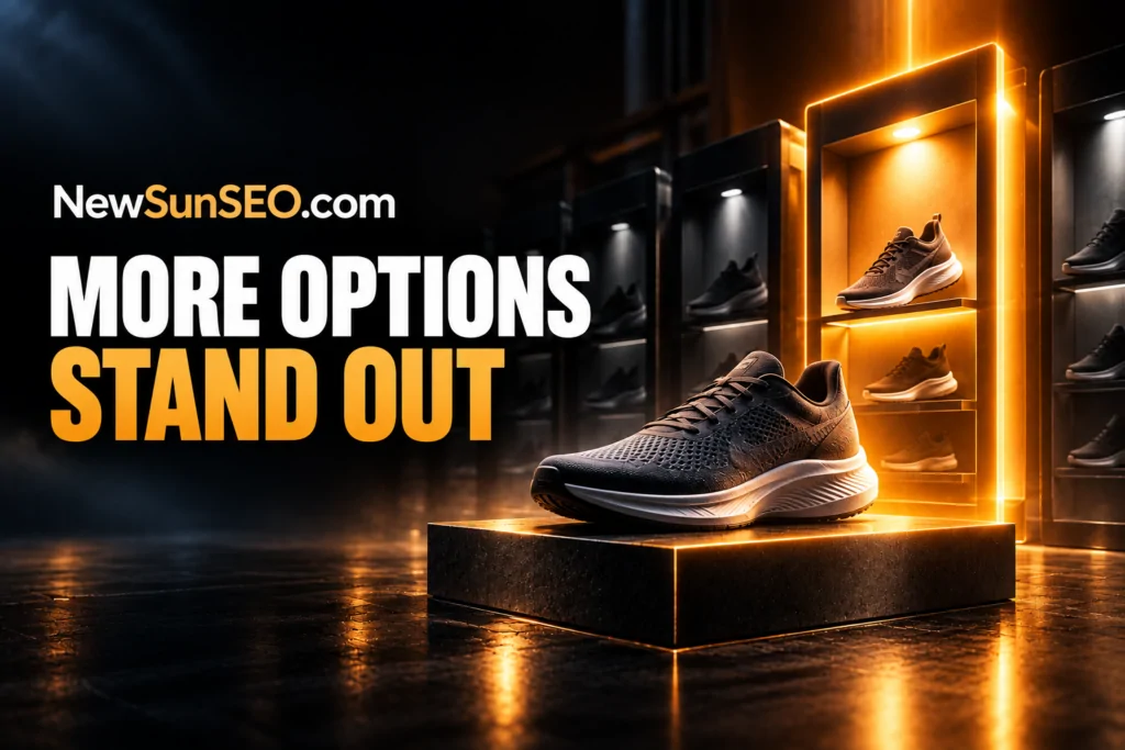 Running shoes displayed on glowing shelves highlighting the Google blue more link test