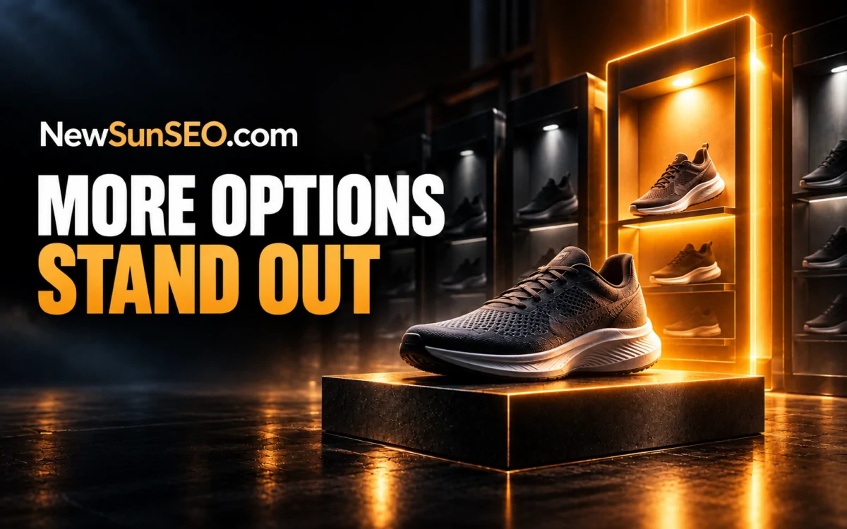 Running shoes displayed on glowing shelves highlighting the Google blue more link test
