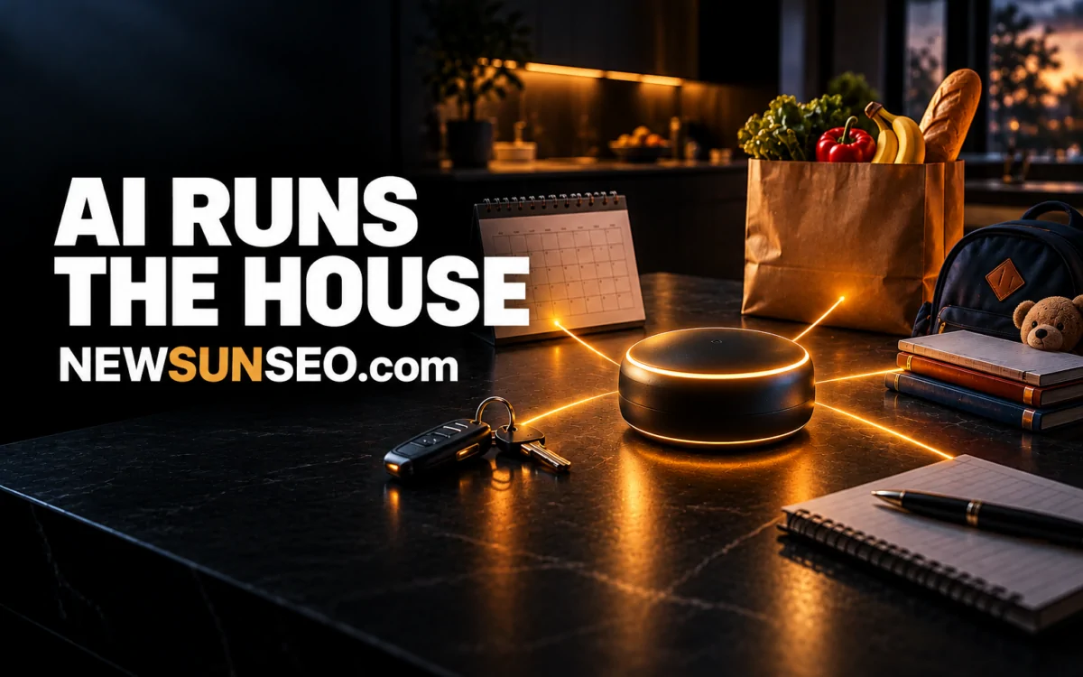 Google CC agent coordinating family schedules and groceries on a kitchen counter