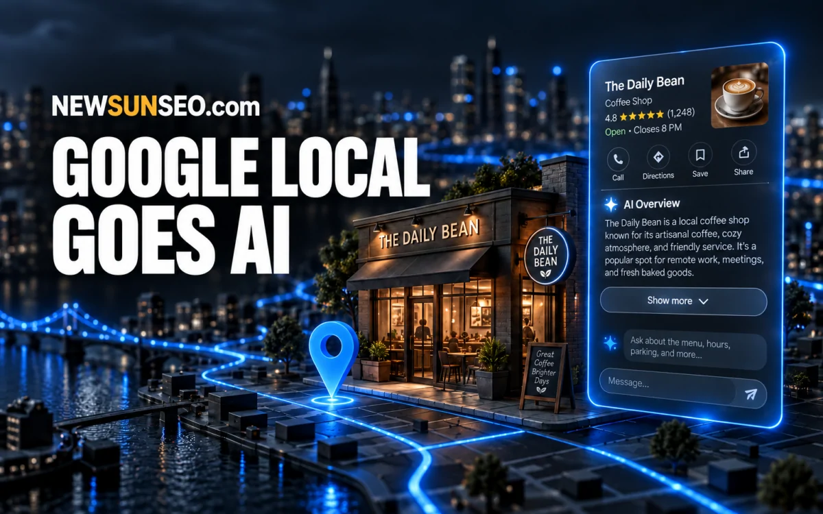 Google local knowledge panel AI Overview beside a glowing coffee shop