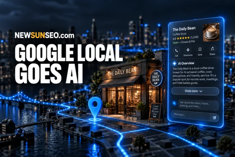 Google local knowledge panel AI Overview beside a glowing coffee shop