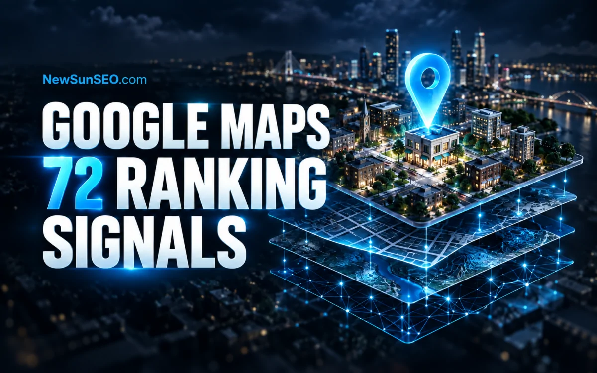 Floating map layers visualizing Google Maps ranking signals above a city