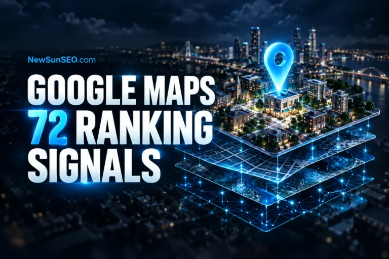 Floating map layers visualizing Google Maps ranking signals above a city
