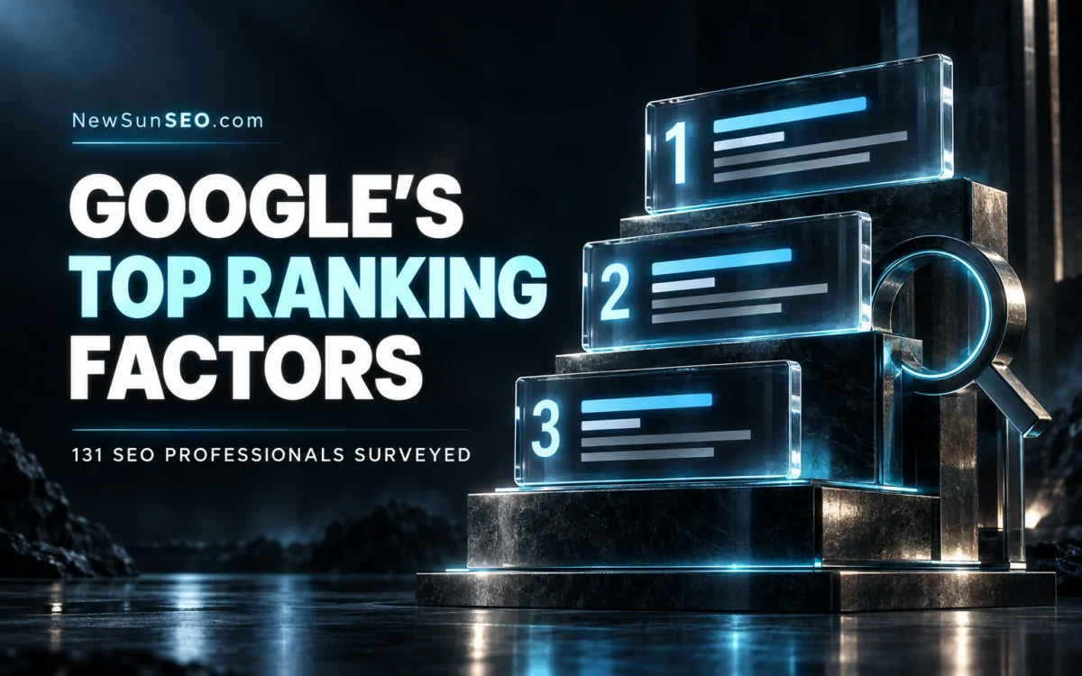 Glowing podium displaying the top three Google ranking factors beside a magnifying glass