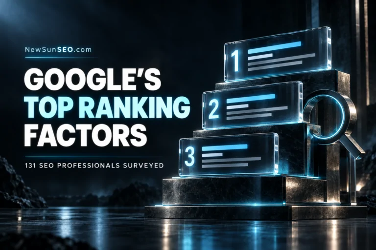 Glowing podium displaying the top three Google ranking factors beside a magnifying glass