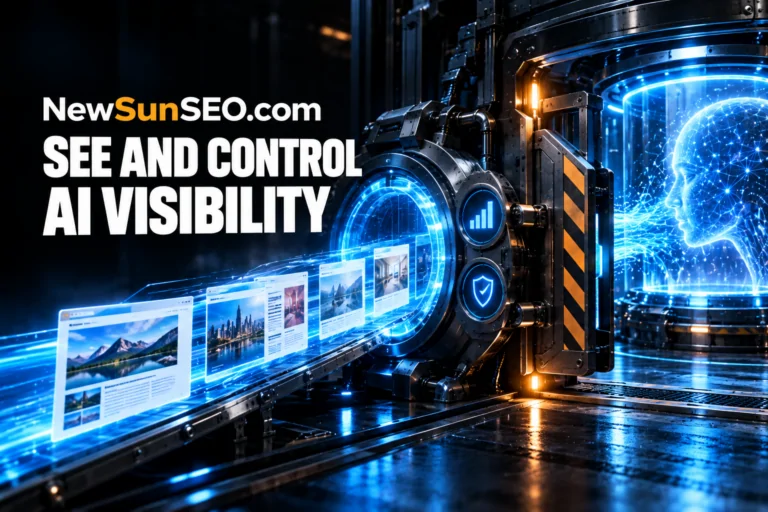 Glowing AI head beside a futuristic data machine illustrating Google Search Console AI reporting
