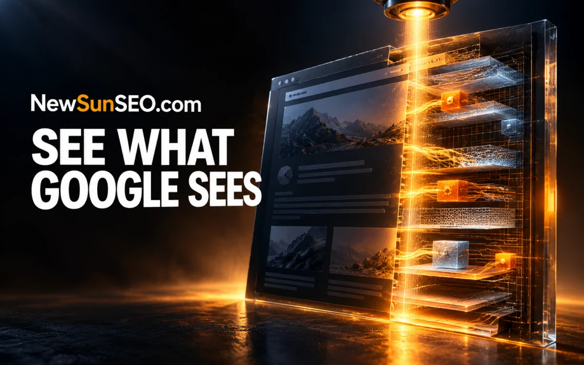 Google Search Console dashboard scanned by a glowing search light beam