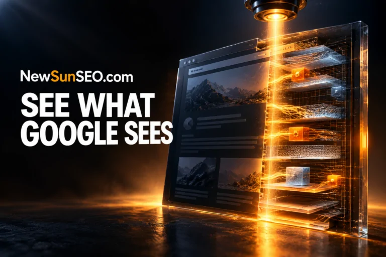 Google Search Console dashboard scanned by a glowing search light beam
