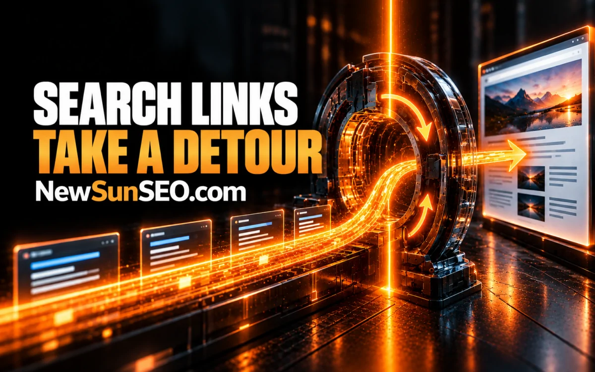 Glowing orange arrows show Google search redirects through a circular portal toward a laptop