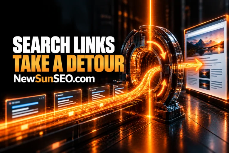 Glowing orange arrows show Google search redirects through a circular portal toward a laptop