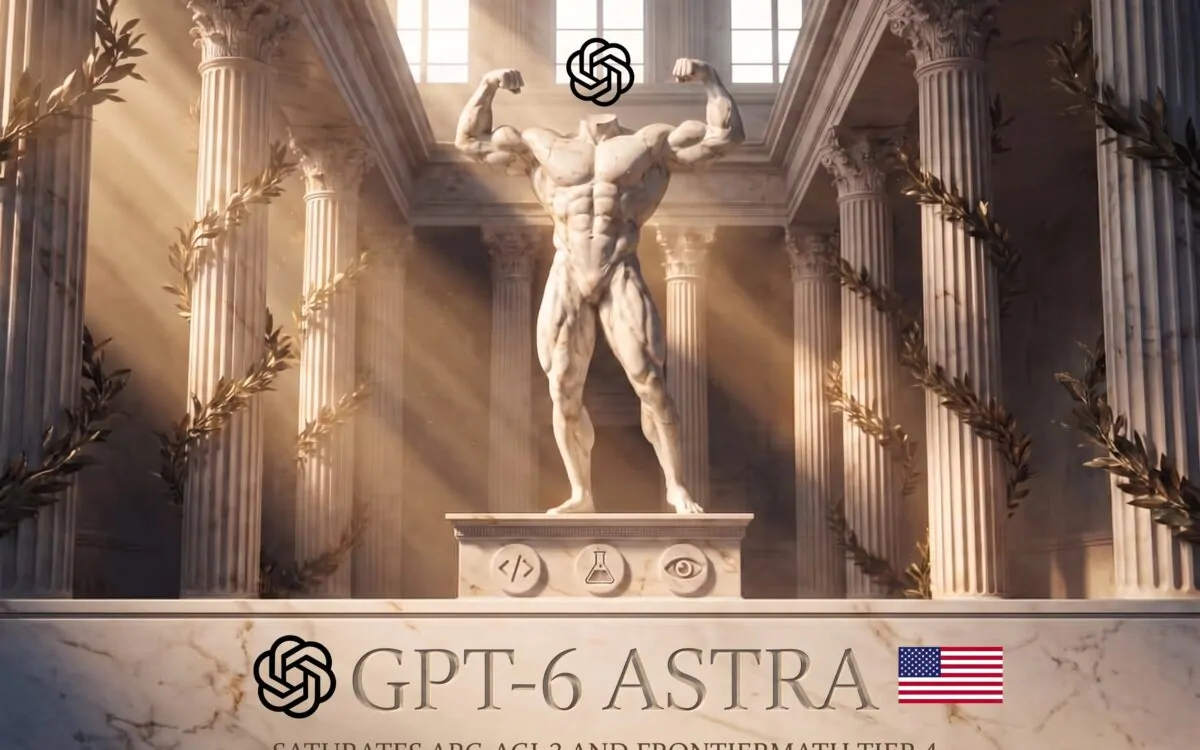 OpenAI releases GPT-6 Astra, shown as a marble statue in a laurel-lined hall beneath the OpenAI logo