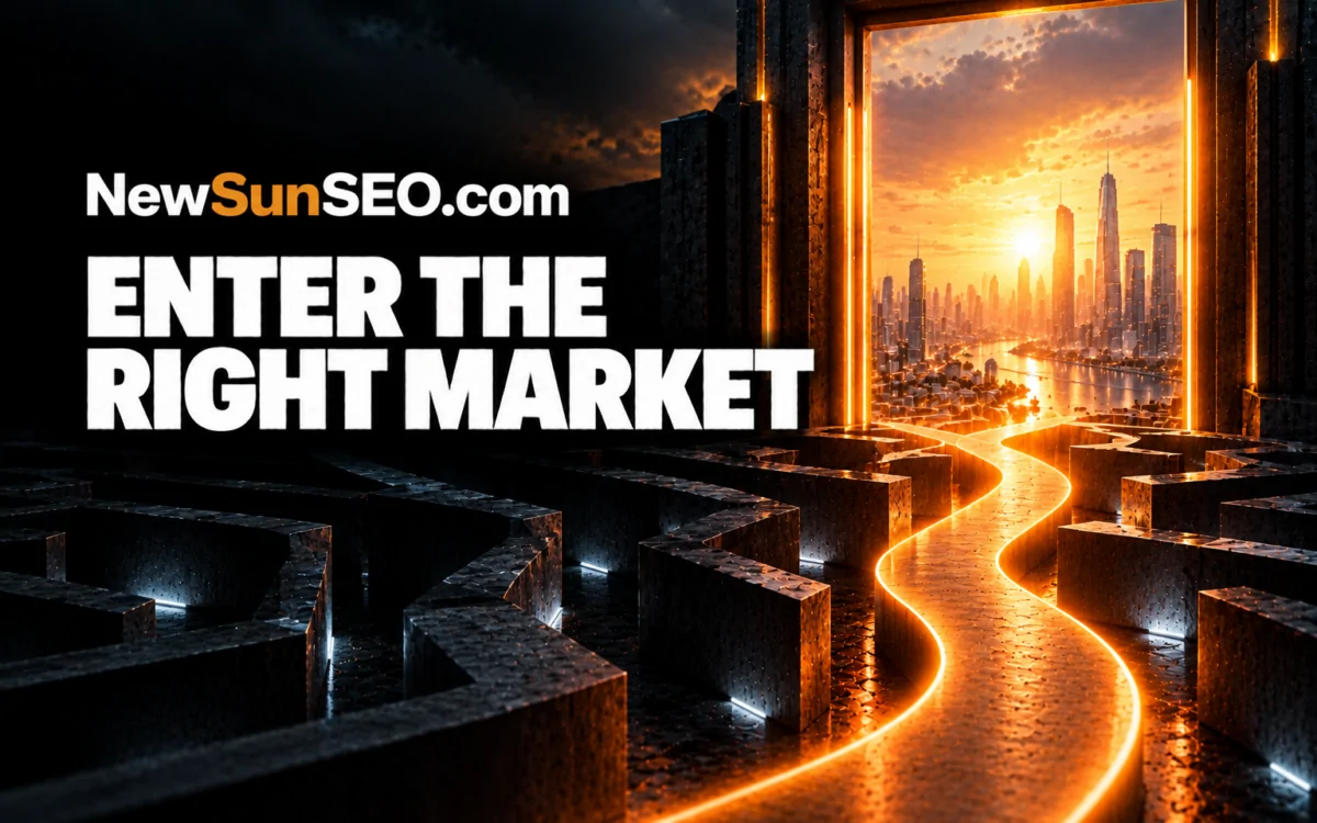 Keyword seed selection guiding a glowing path through a maze toward a city skyline