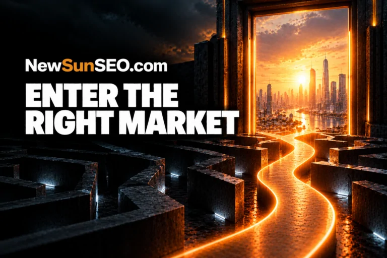 Keyword seed selection guiding a glowing path through a maze toward a city skyline
