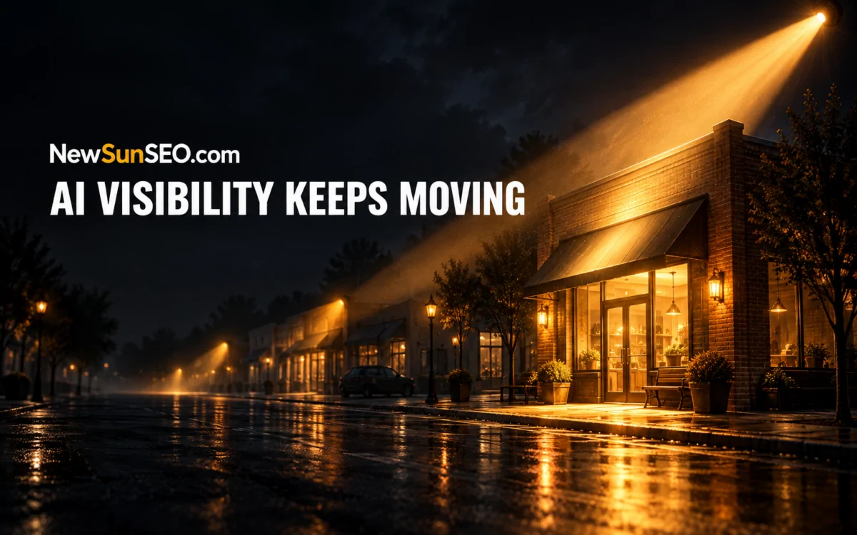 Brick storefronts on a rainy Street lit by a spotlight illustrating local AI visibility