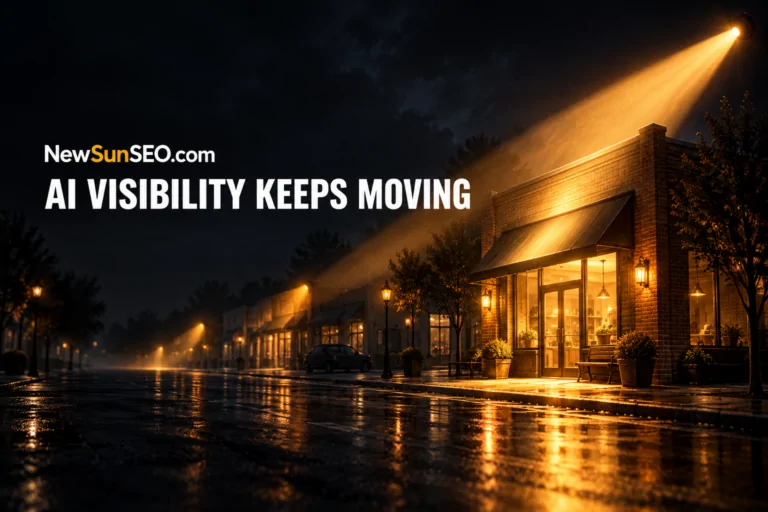 Brick storefronts on a rainy Street lit by a spotlight illustrating local AI visibility