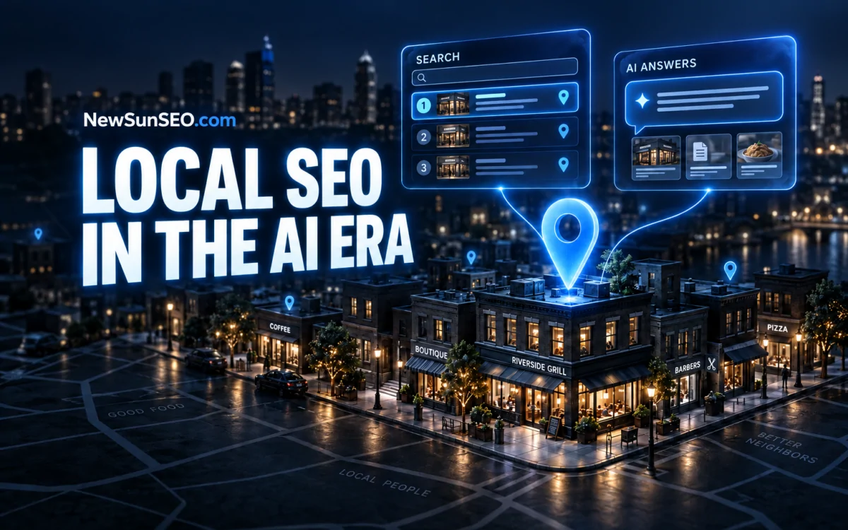 Local SEO keyword research mapped across a glowing nighttime neighborhood