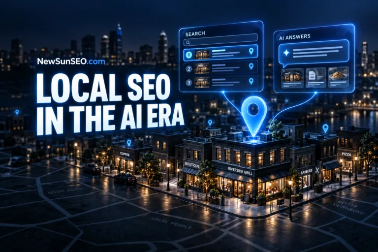 Local SEO keyword research mapped across a glowing nighttime neighborhood