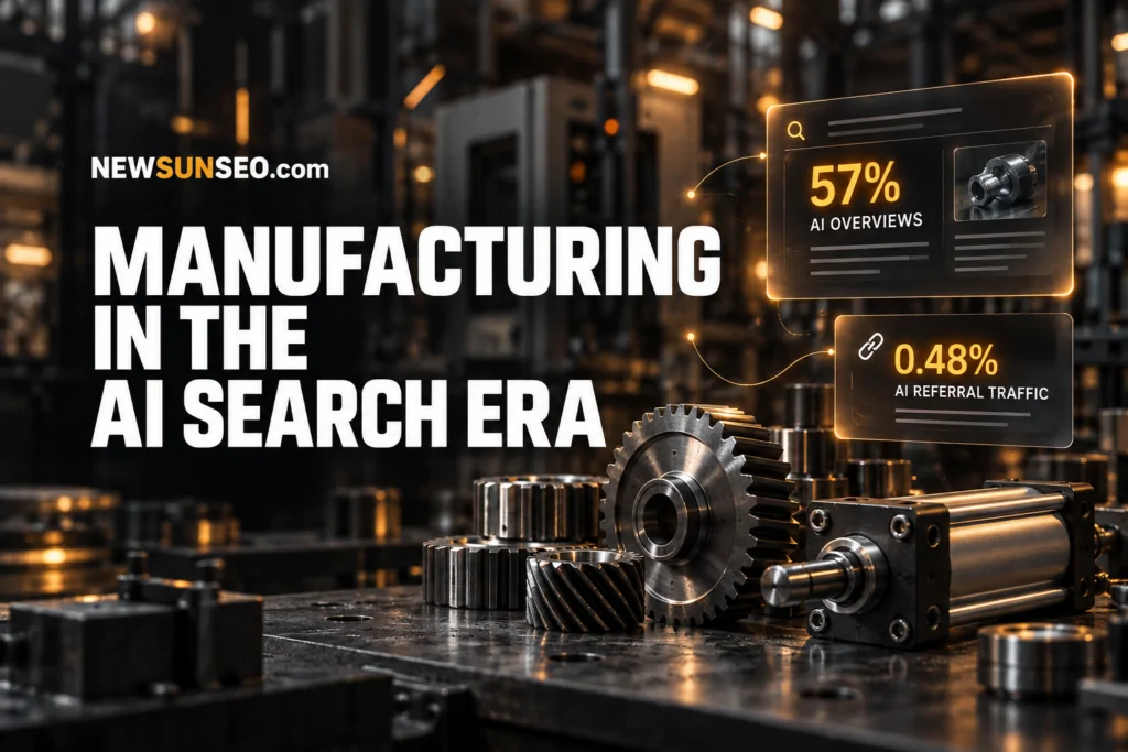 Steel gears and machinery on a factory floor illustrating manufacturing search trends