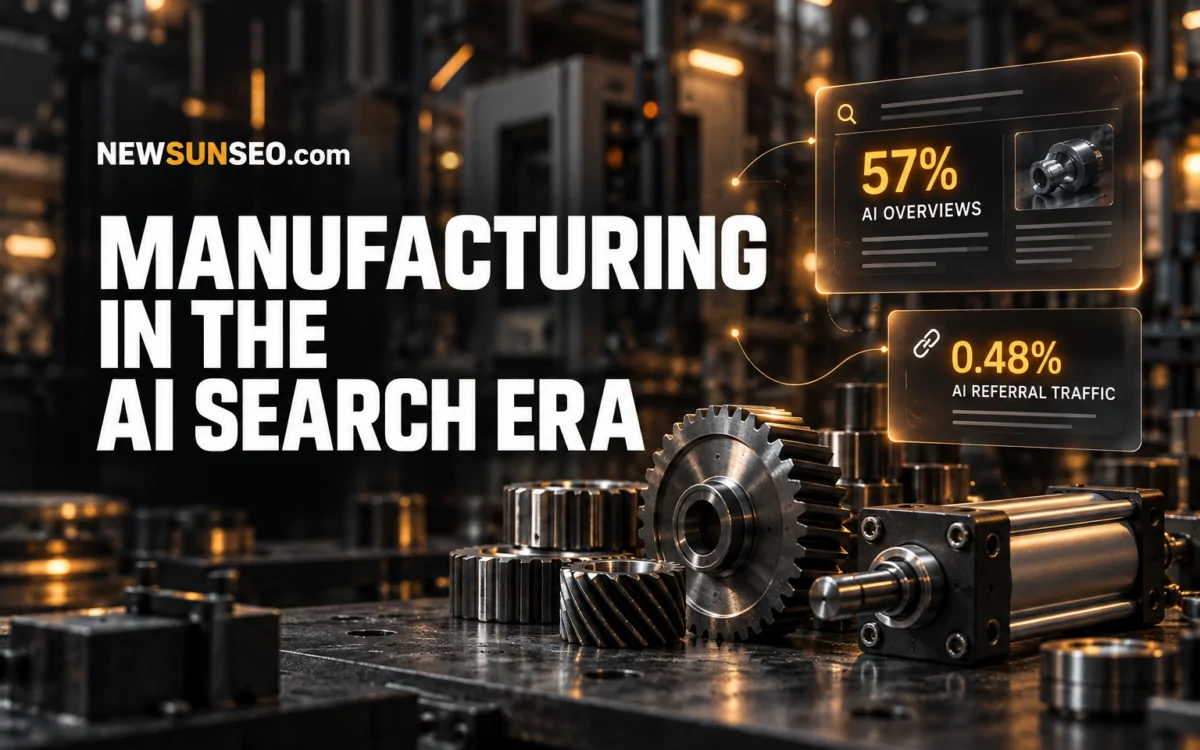Steel gears and machinery on a factory floor illustrating manufacturing search trends