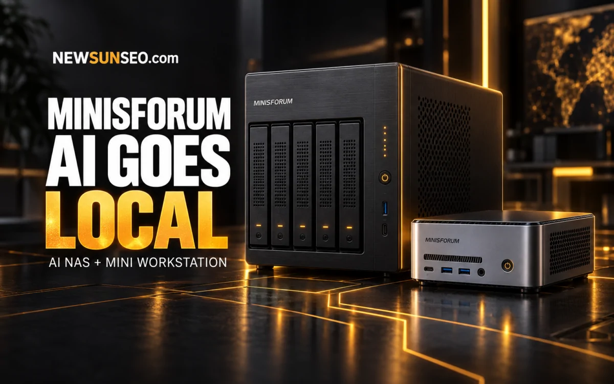 Minisforum Ryzen AI Max NAS and mini workstation displayed on a lit surface
