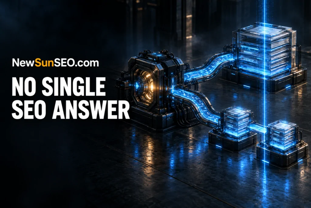 SEO decision pathways branching toward multiple destinations showing no single right answer