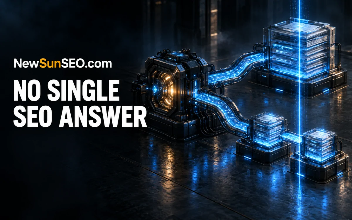 SEO decision pathways branching toward multiple destinations showing no single right answer