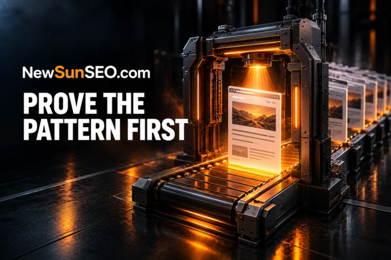 Industrial machine scanning a webpage on an assembly line to validate a programmatic SEO