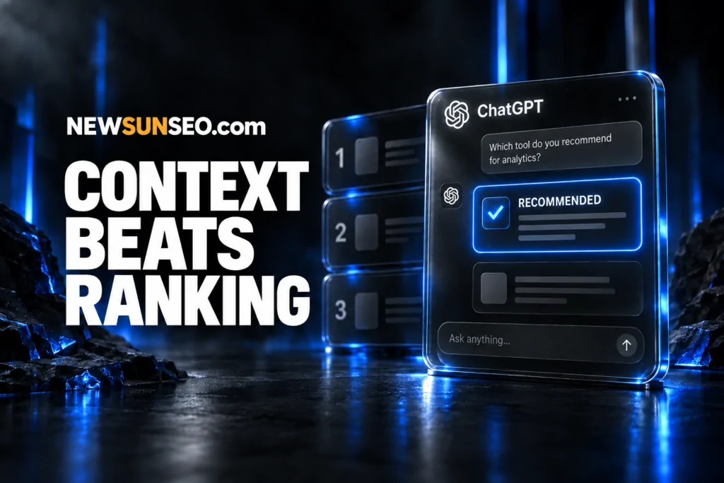 Strategies to rank in ChatGPT search highlighted on a glowing chatbot recommendation card