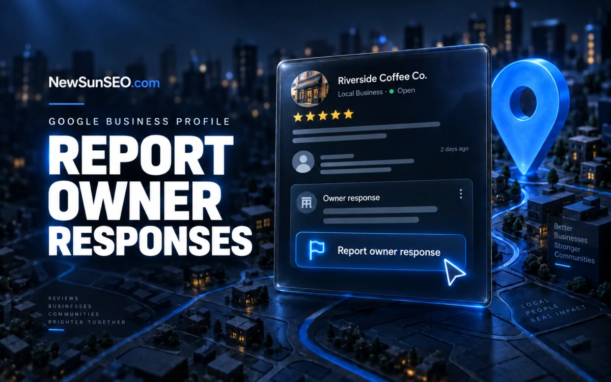 Google Business Profile review interface showing the report owner response option beside a city