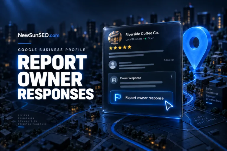 Google Business Profile review interface showing the report owner response option beside a city