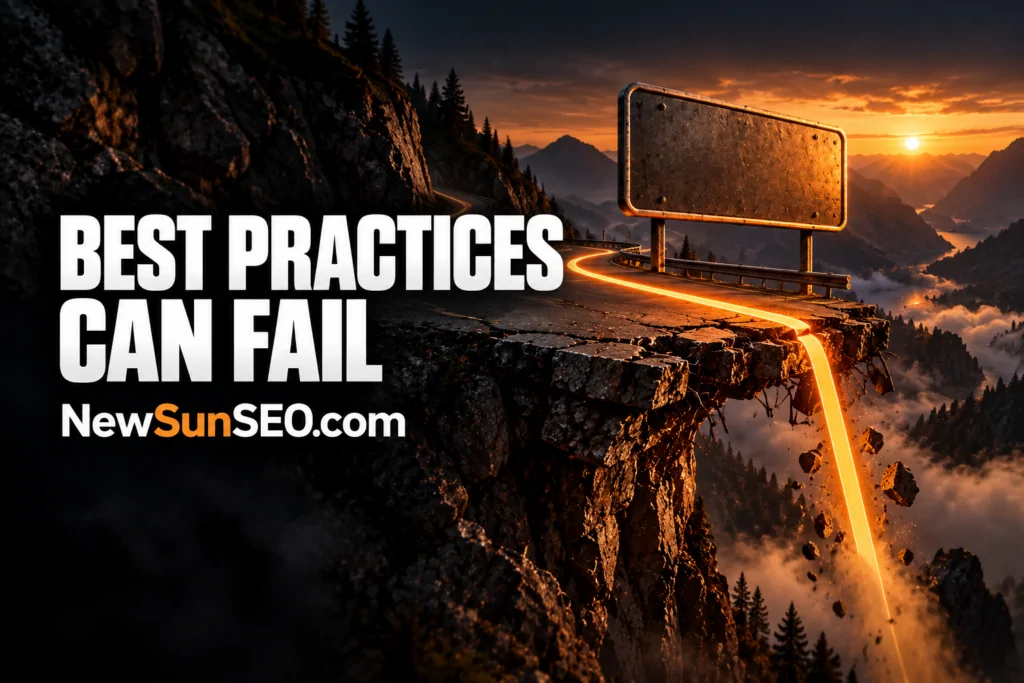 Cracked mountain road at sunset showing why SEO A/B testing beats assumptions